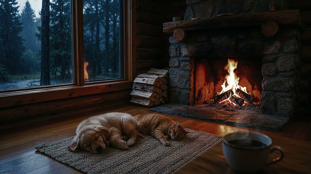 Cozy Rainy Night Cabin 🌧️🔥 Fireplace Ambience with Sleeping Dog & Cat  Relaxing Rain Sound