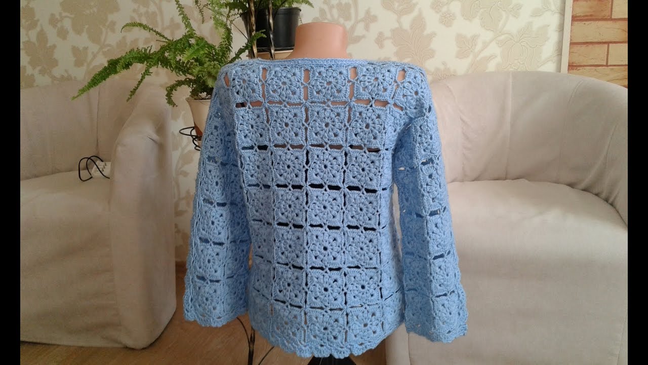 Жакет из квадратных мотивов (безотрывное вязание крючком). Часть 4. Сrochet jacket.