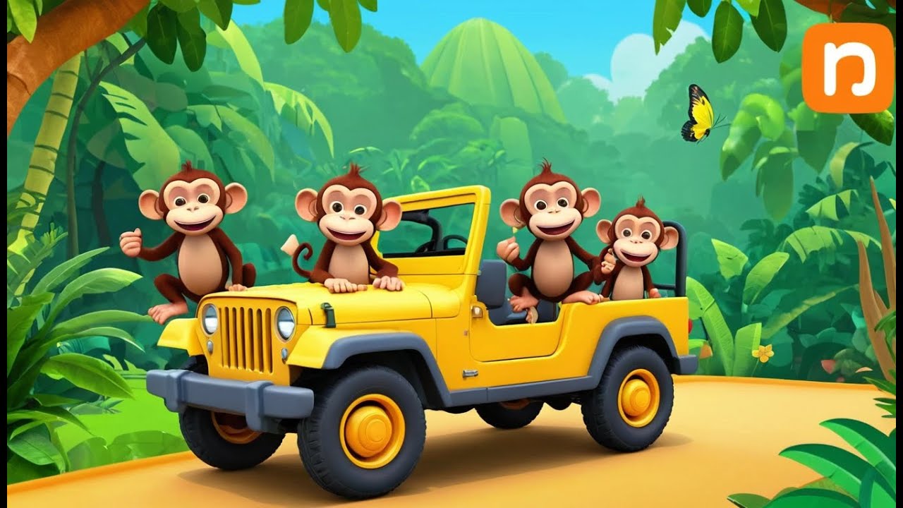 Three Monkeys on a Jungle Jeep | Funny and Fun Kids Nursery Rhyme Animation