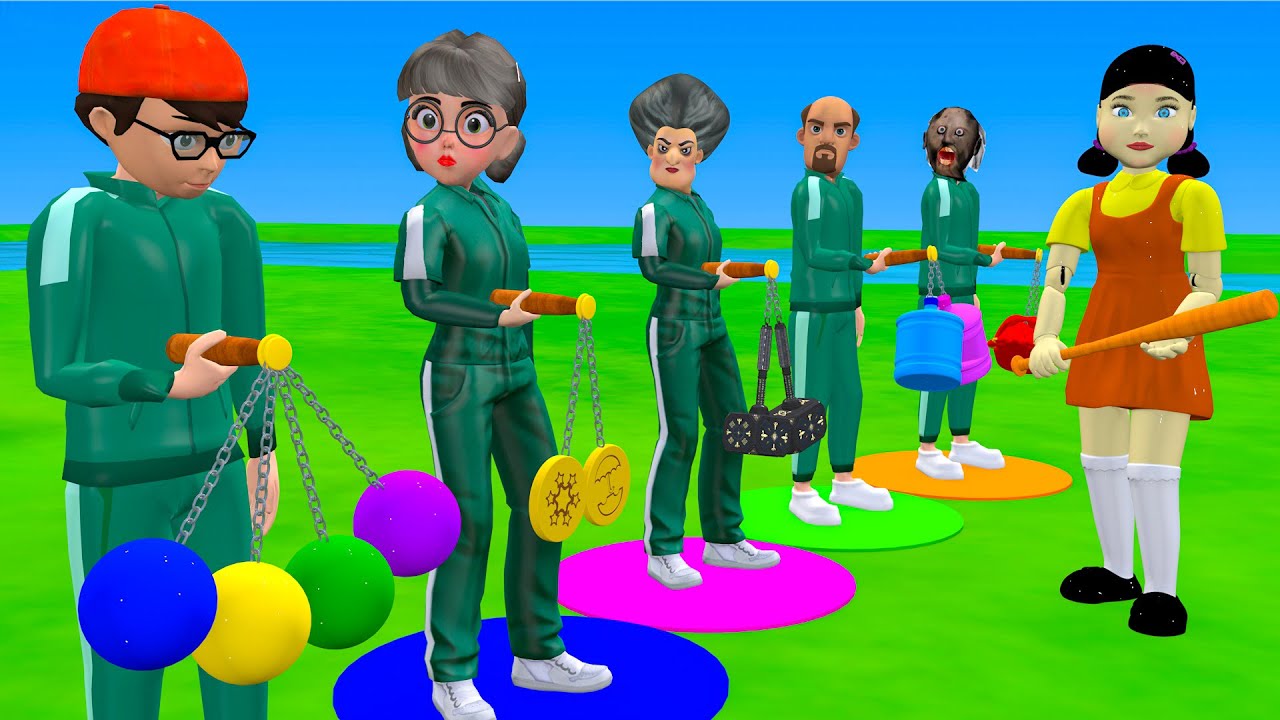 Scary Teacher 3D vs Squid Game Clackers Dalgona Candy Level Max Shapes 5 Times Challenge Who's Boss