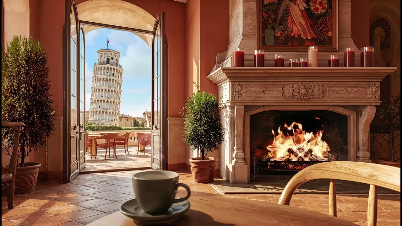 Italian Caf&eacute; Fireplace Ambience ☕ Jazz Piano with Leaning Tower of Pisa | Study, Relax & Focus