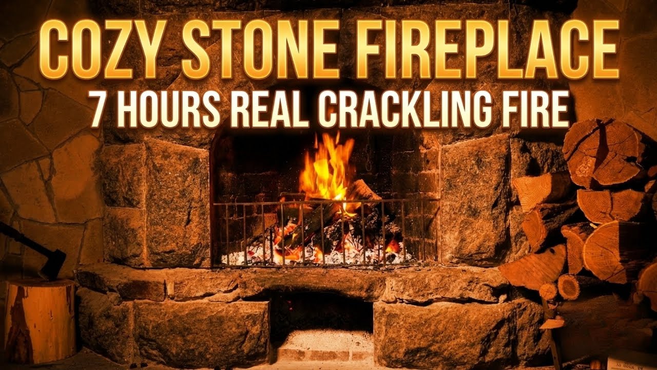 7 Hours Real Stone Fireplace 🔥 Cozy Cabin Ambience with Crackling Fire Sounds