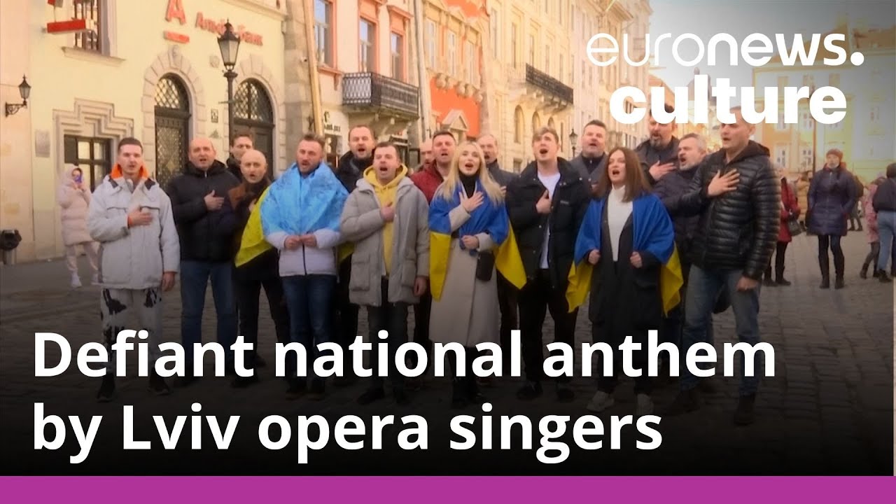 Ukrainian opera singers gather in Lviv for defiant rendition of the national anthem