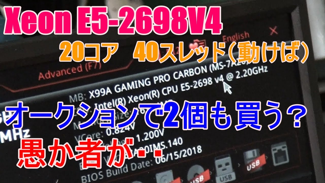 [ヤフオク]　４０コア８０スレッド　モンスターCPU E5-2698V4を2個買ってみました。お値段びっくり価格。破産寸前です。ロマンのみ！！