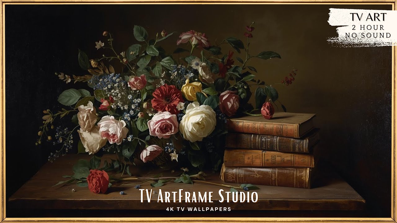 Vintage Flower Arrangement in Vase and Books | Moody Floral Cozy Still Life | 4K Frame TV Art