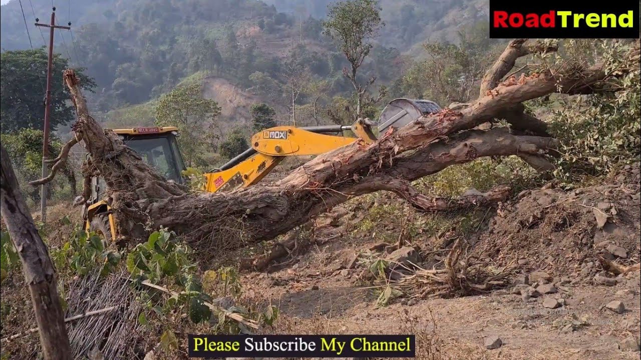 JCb loader machine  cleaning hill mud  - Jcb  pushing Big Tree in hillJcb  pushing Big Tree in hill
