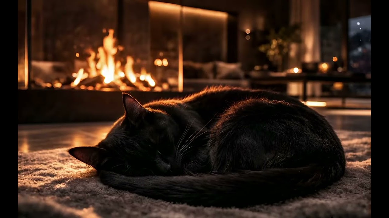 Cozy Purring Black Cat & Fire Crackling 😺  Ambience for Sleep