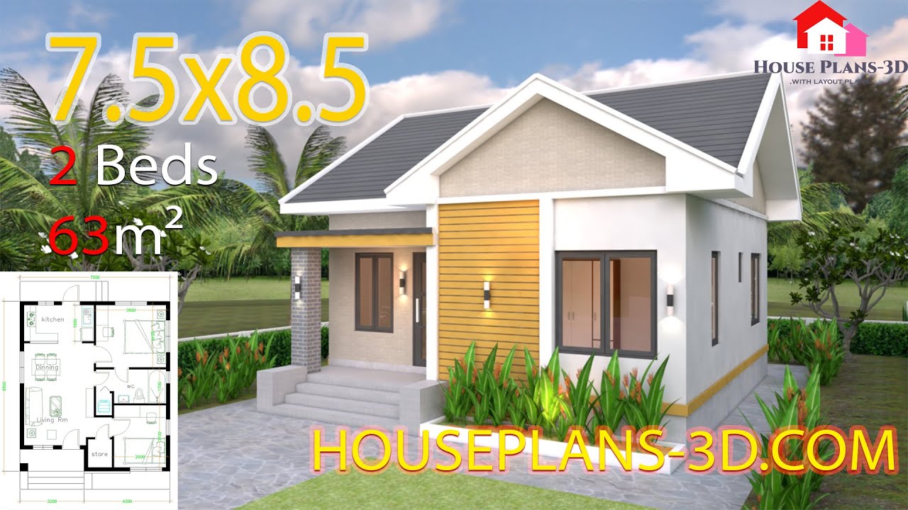 House plans 7.5x8.5 Meters with 2 bedrooms Gable roof 25x28 Feet