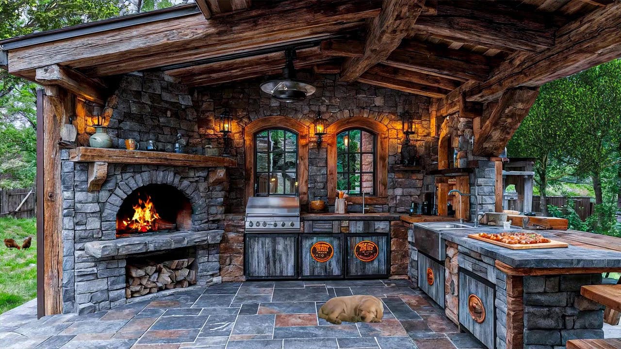 🔥 Cozy Rustic Outdoor Kitchen with Fireplace & Pizza Oven | 🐾 Peaceful Mountain Retreat Ambience 🏡🌲