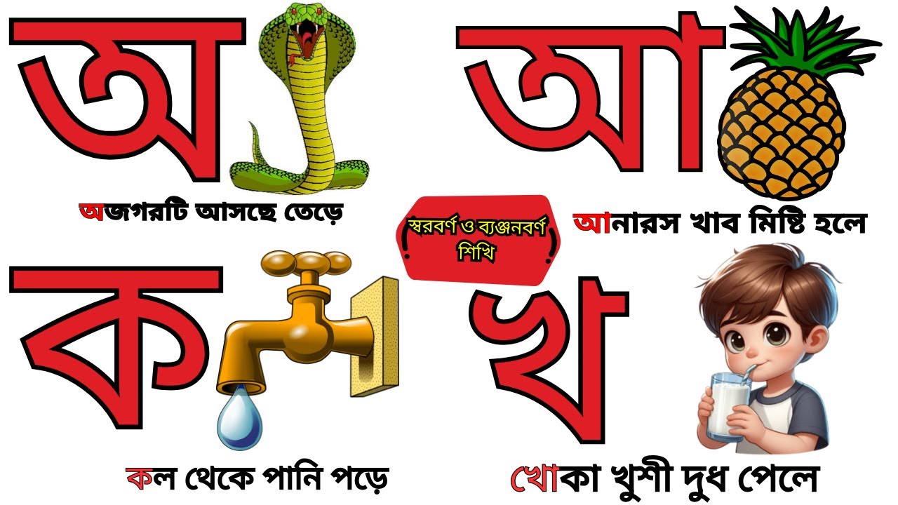 অ তে অজগরটি আসছে তেড়ে | আ তে আনারস খাব মিষ্টি হলে | ক তে কল হতে পানি পরে | খ তে খোকা খুশি দুধ পেলে