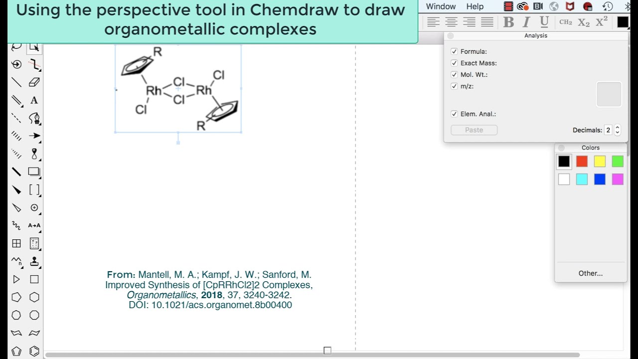 Using the perspective tool in Chemdraw to draw organometallic: Rh2Cl4Cp2