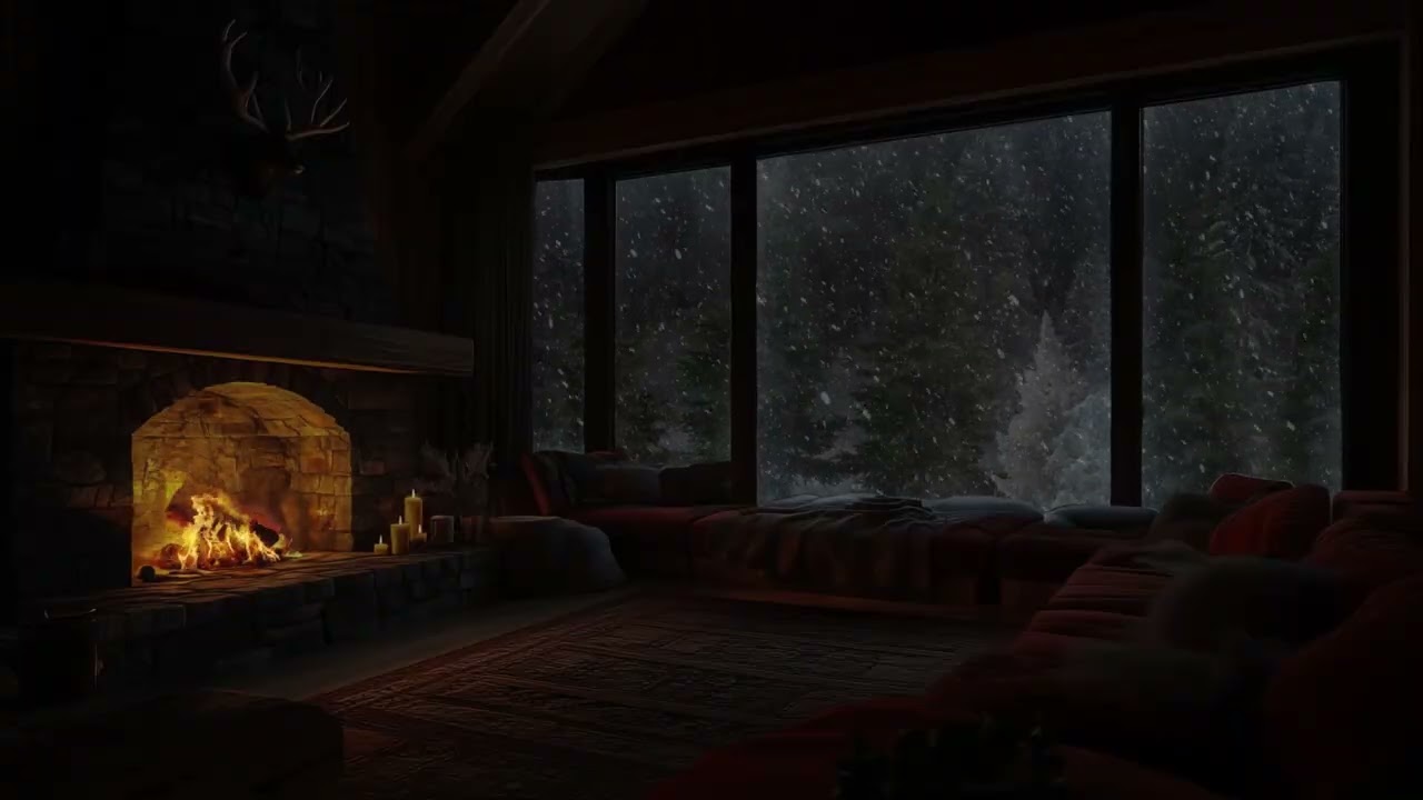 Winter Cabin Ambience with Gentle Snowfall and Fireplace Sounds for Sleep, Study, and Relaxation