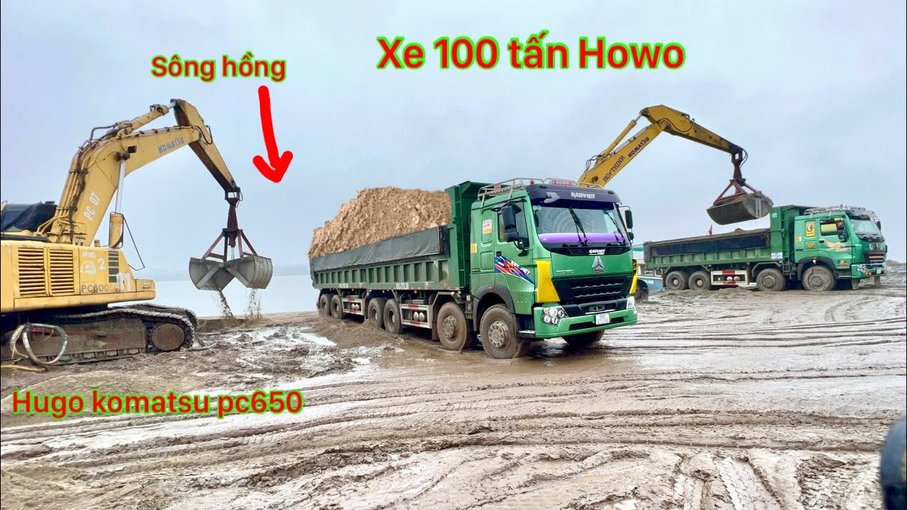 Xe ô tô ben siêu mạnh chở cát lội bùn lầy cực căng | máy cuốc khủng lồ xúc cát lên công nông xe tải