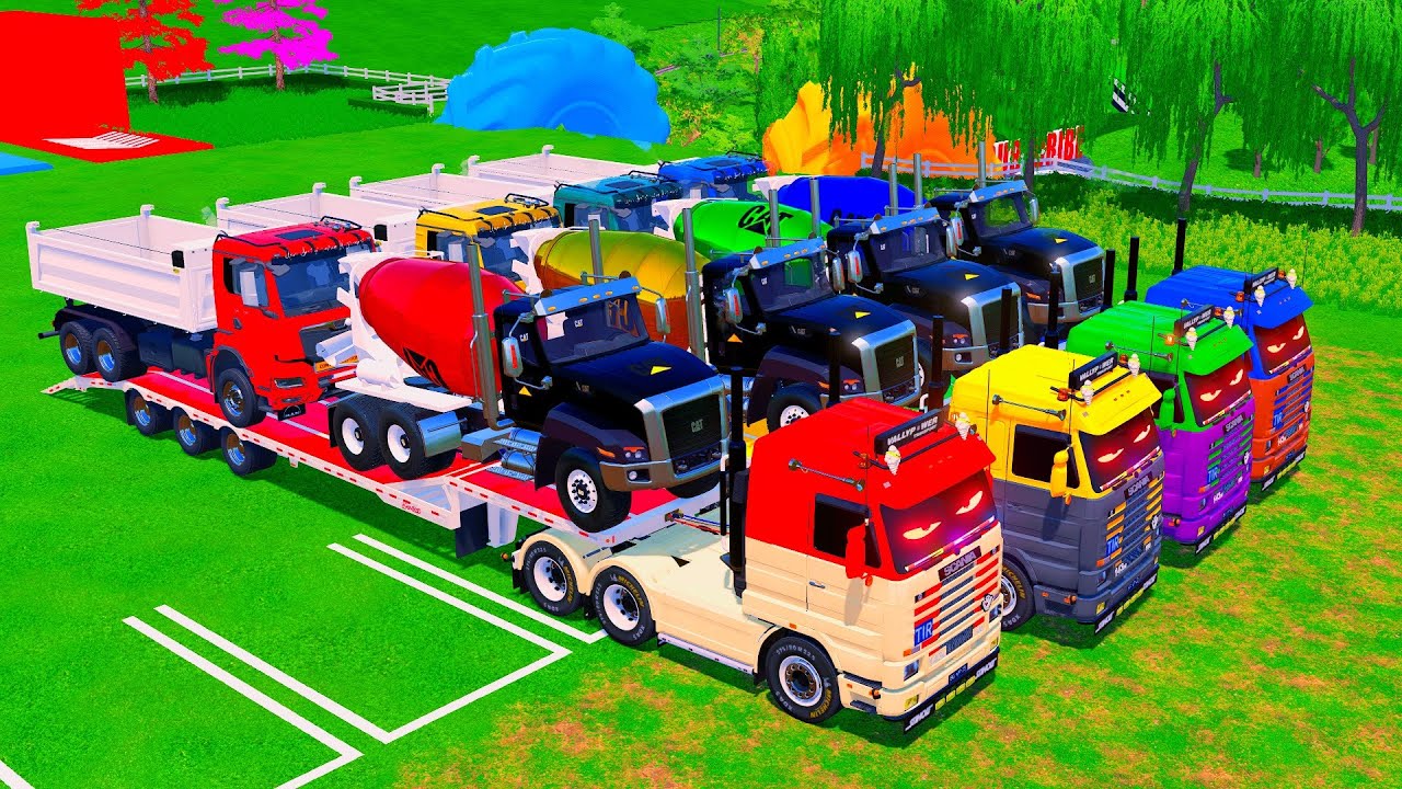 HEAVY HAUL - GIANT MIXER TRUCKS MEET DOUBLE FLATBED TRAILER CHALLENGE, MERCEDES, VOLVO, KAMAZ #1