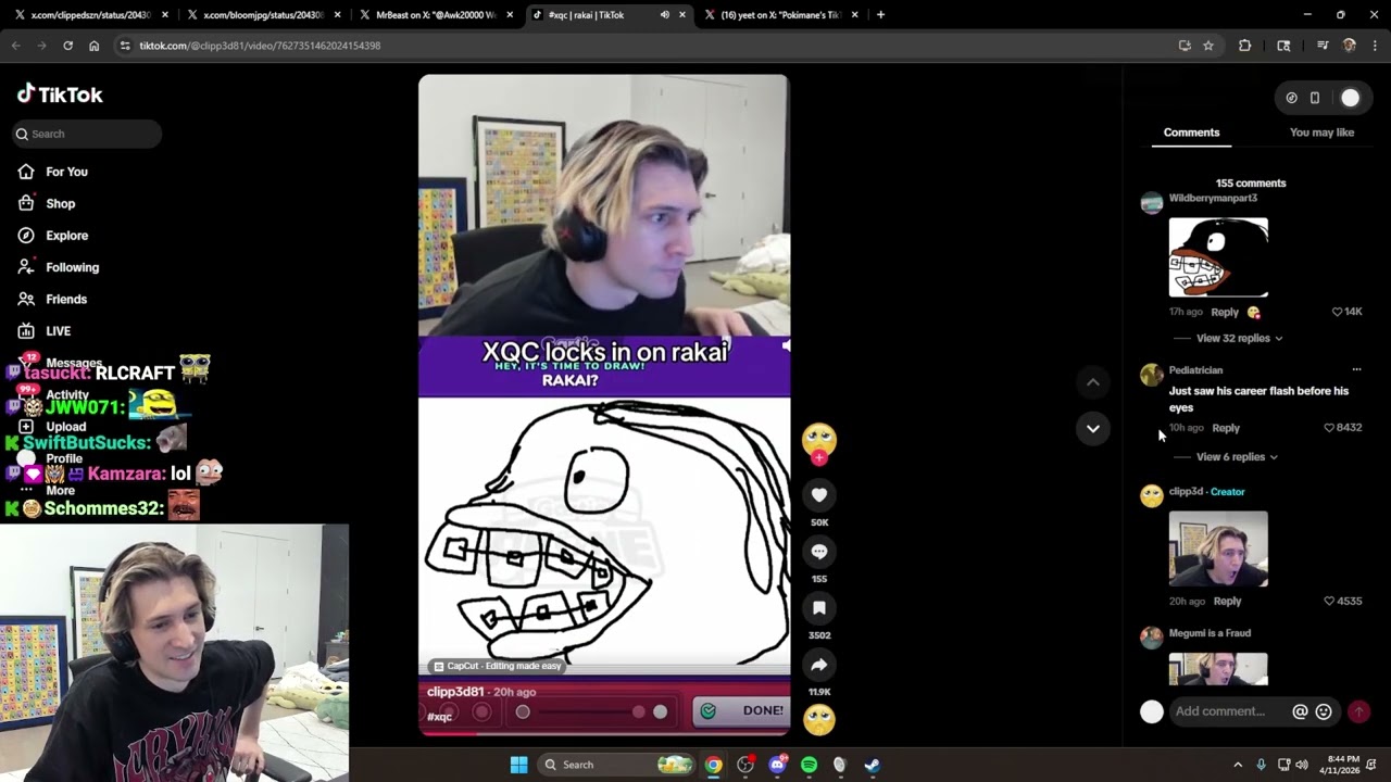 xQc отреагировал на комментарии в TikTok, где он рисует Ракая.