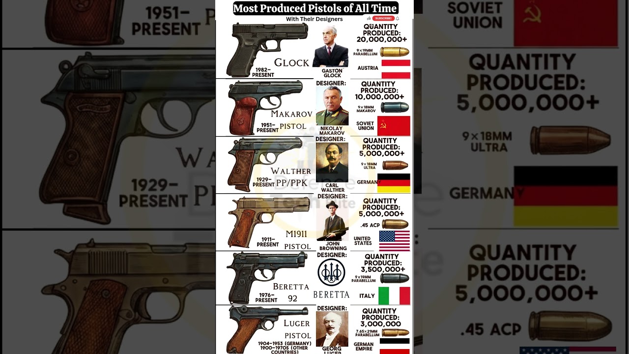 Most Produced Pistols of All Time With Their Designers & Qty. Produced Worldwide! #shorts