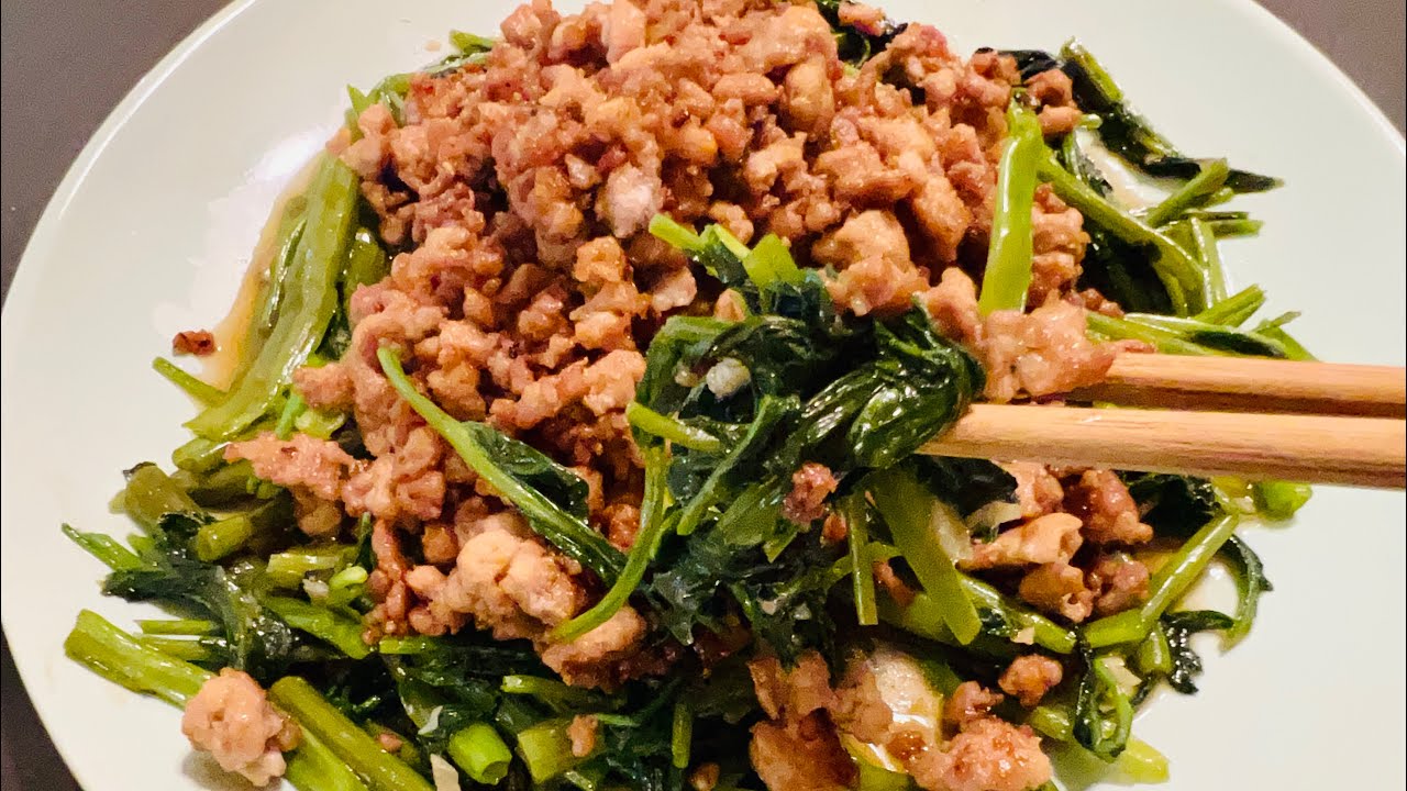 How to make stir fry water spinach with ground pork