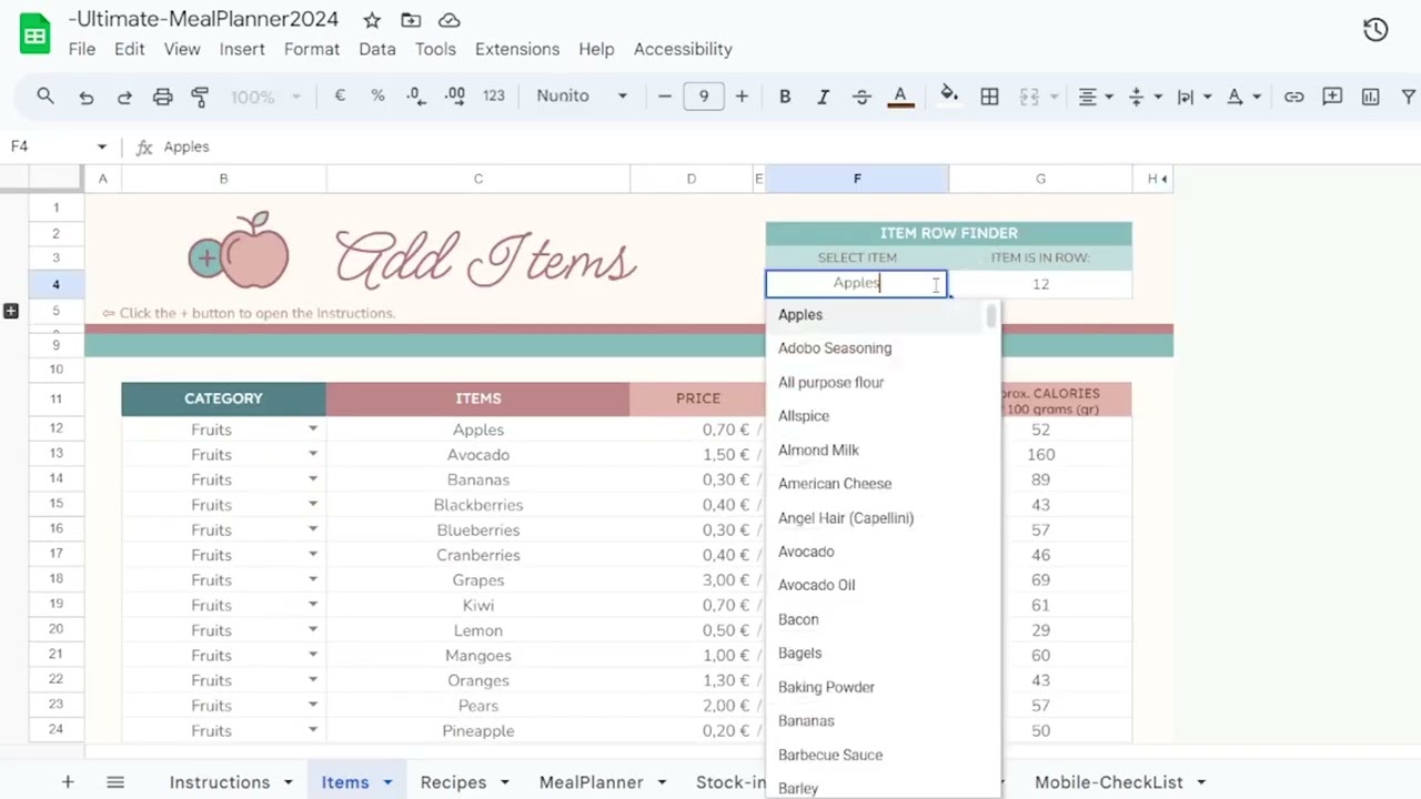 All-in-one Meal Planner Spreadsheet for Google Sheets - Tutorial 2024