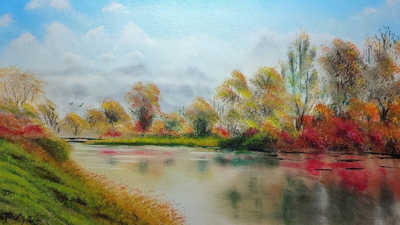 Paysage. Rivière en automne.   Vidéo entièrement commentée.  Alla prima à l'huile hydrosoluble.