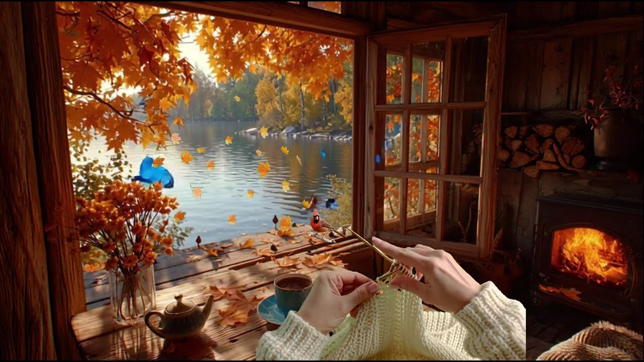 Beautiful relaxing music for deep sleep ,stress relief birds & fireplace sound with lakeside.