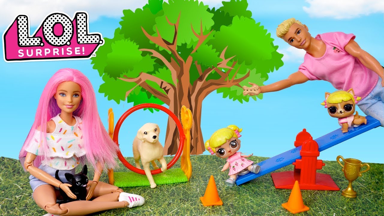 LOL Goldie Doll Family Puppy School Competition with Barbie Trainer Toy