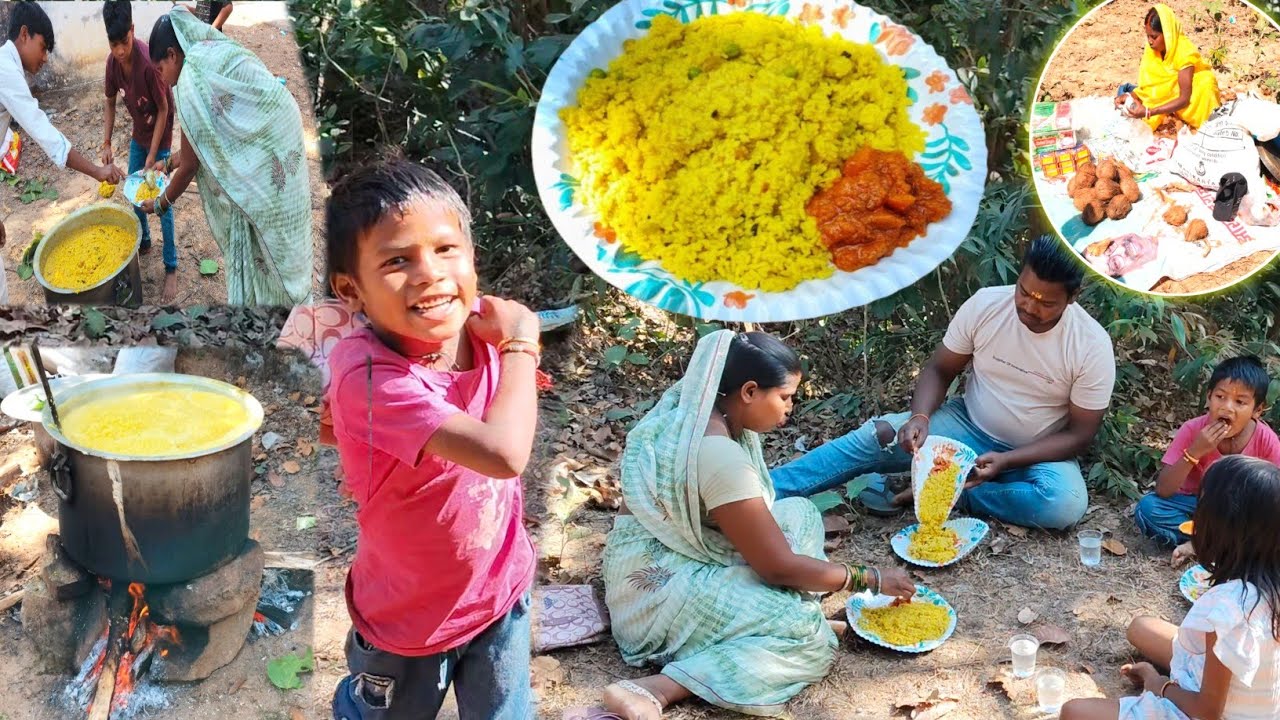 JUNGLE COOKING: FAMILY EATING SPICY KHICHDI & GHEE | TRADITIONAL VILLAGE MUKBANG 🍚💯