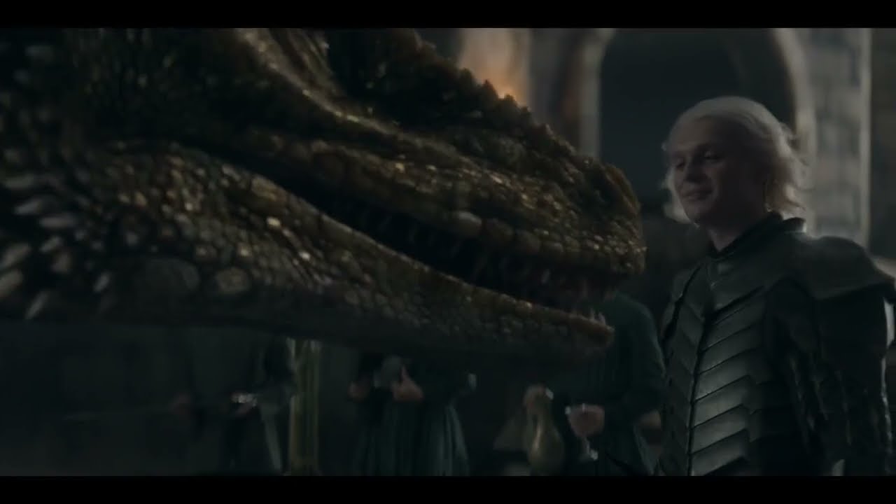 Rhaenys talking to Meleys and Sunfyre nuzzling Aegon before they both fly off to Rook's Rest