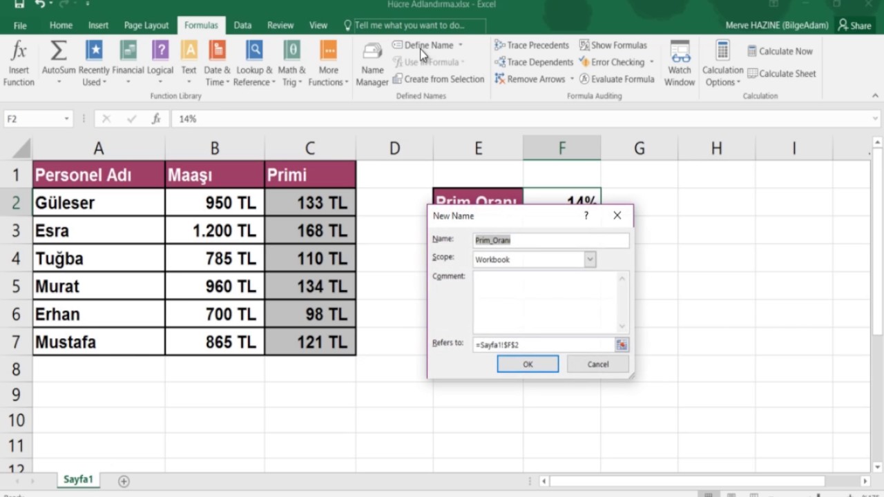 Tips & Tricks : Excel'de H&uuml;cre Adlandırma - Temel, İleri, Expert Excel Eğitimi