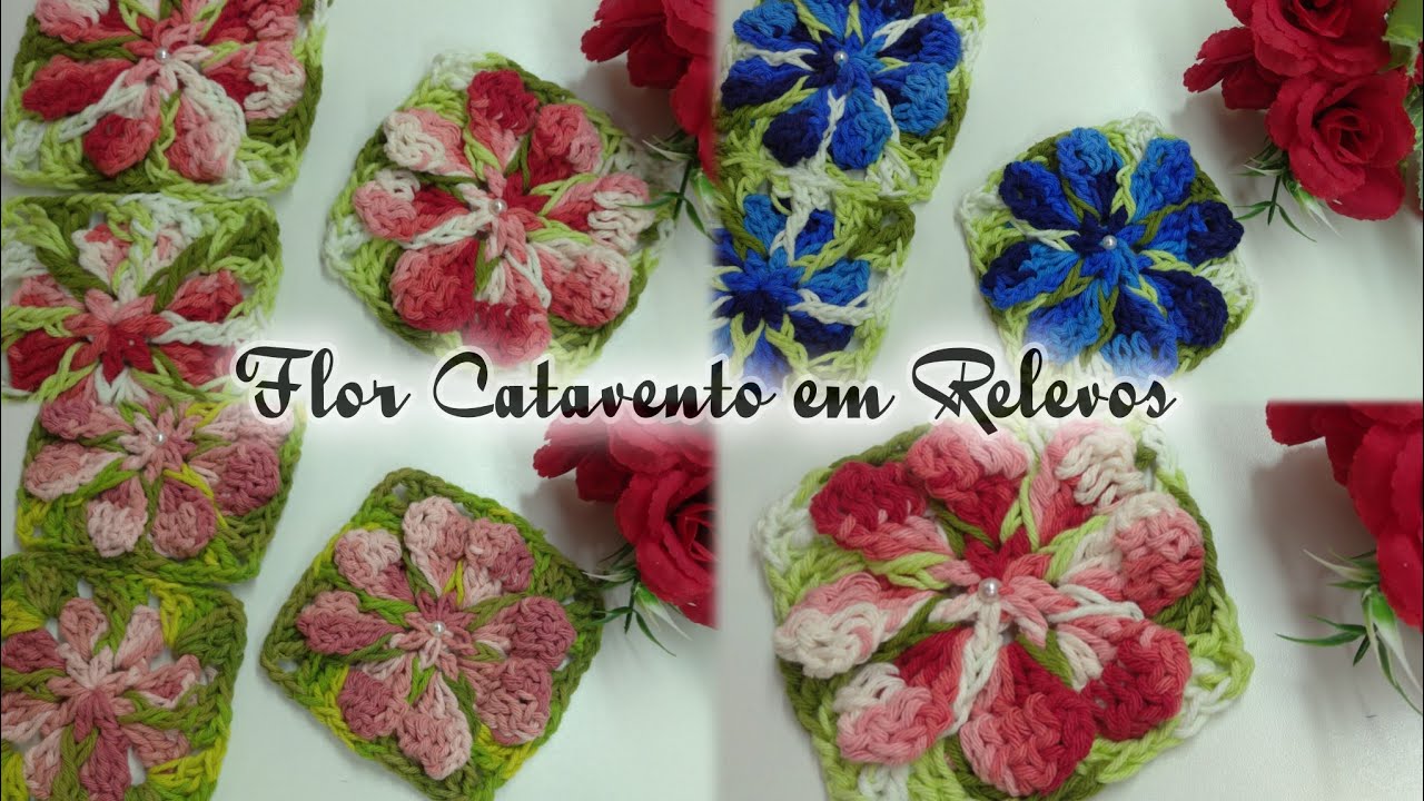 💞 Flor catavento modificada com ponto relevo _ vídeo aula em crochê