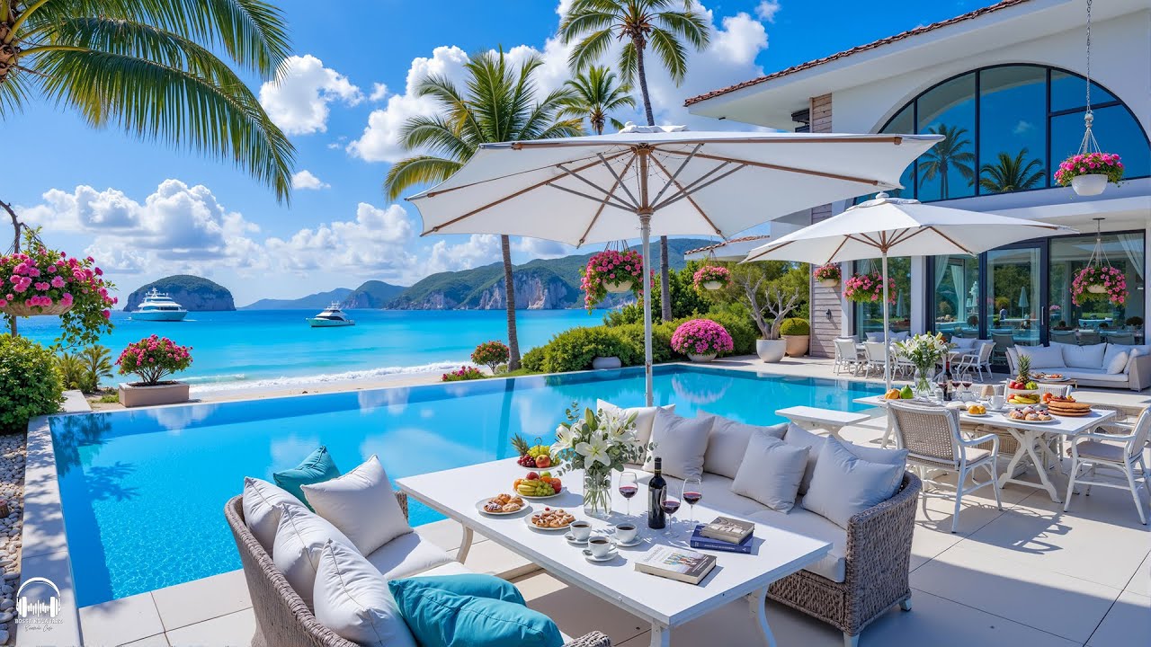 Summer Jazz at Luxury Beach Villa Ambience 🌊 Happy Bossa Nova Music & Crashing Waves for Relaxation
