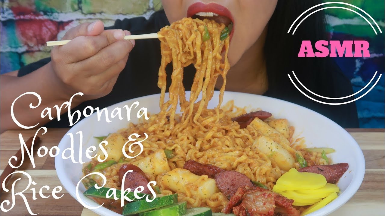 ASMR - Cheesy Carbonara Noodles With Rice Cakes & Sausages (No Talking)