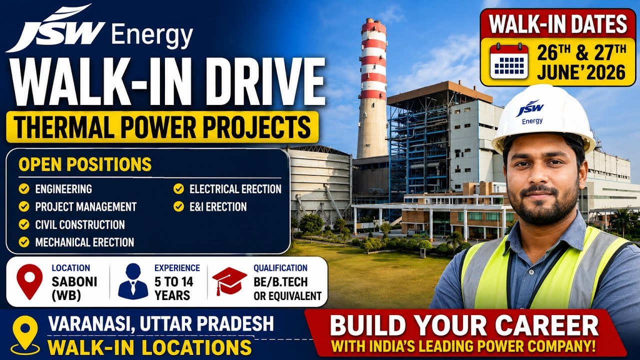 JSW Energy Walk-In Drive 2026 🔥 Thermal Power Project Jobs | Civil, Mechanical & Electrical Engineer