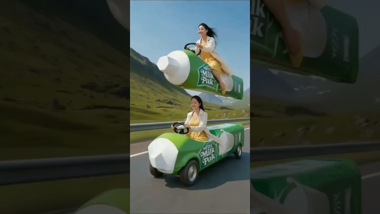 Milk pack Car Ride – Surreal AI Animation in Green! 🚗🦷💙 