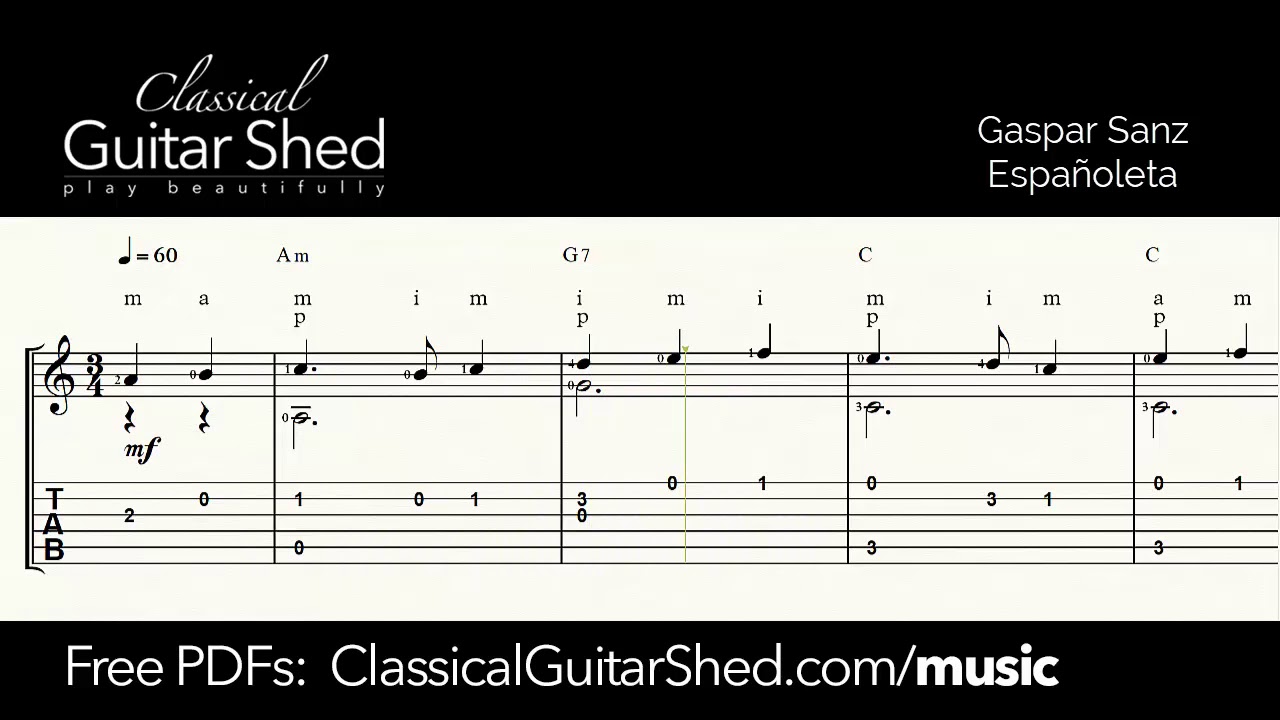 Sanz: Espanoleta - Free sheet music and TABS for classical guitar