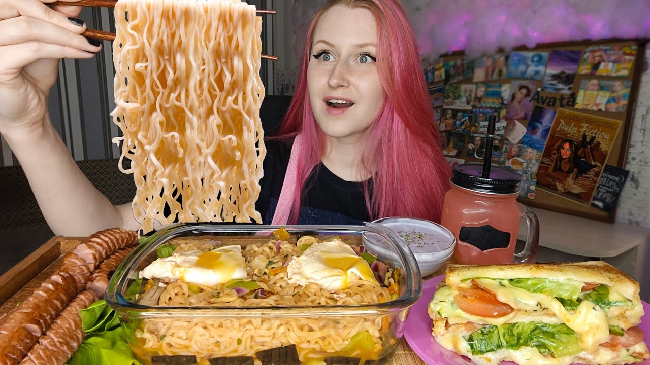 Мукбанг | Острая лапша🔥Сосиски, сэндвич | Кого из блогеров я смотрю?🤫| Mukbang noodles