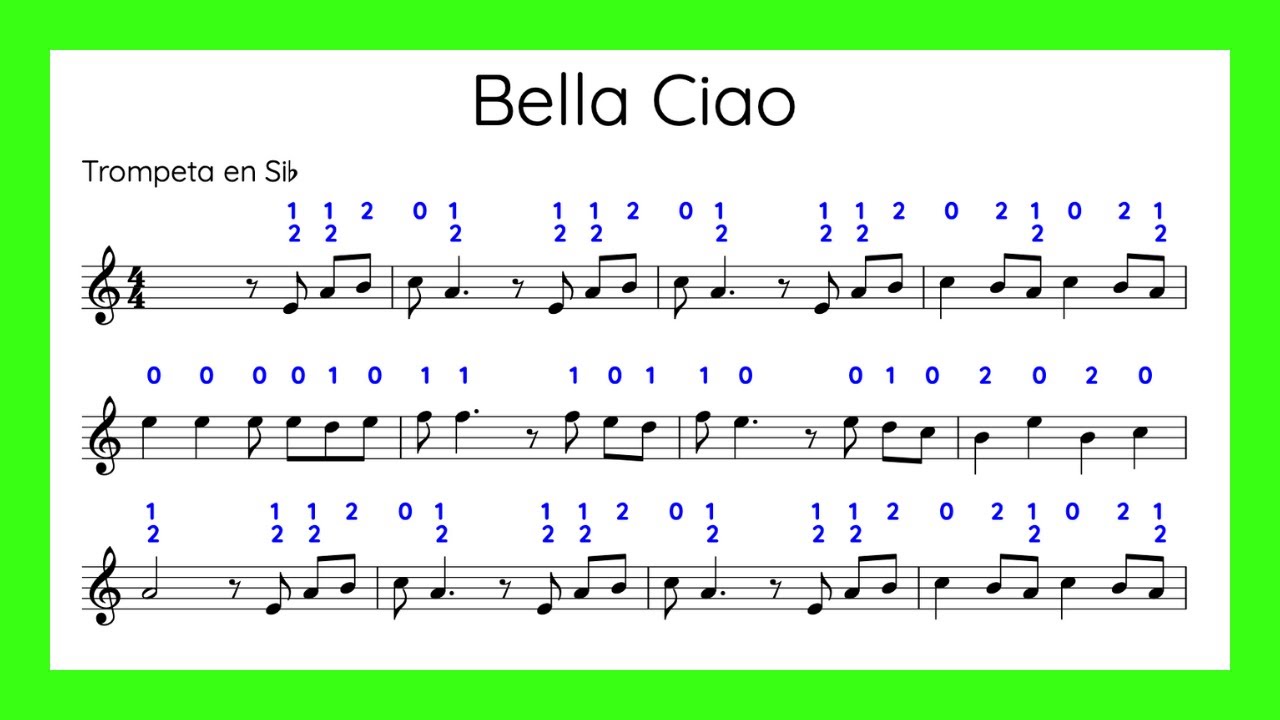 Partitura para Trompeta con Play Along (con digitación) - Bella Ciao