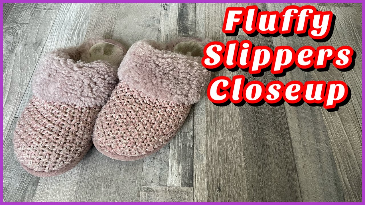 1 Minute Shoe and Tell - Pink Fluffy Slippers, Closeups, Worn Used Old Shoes