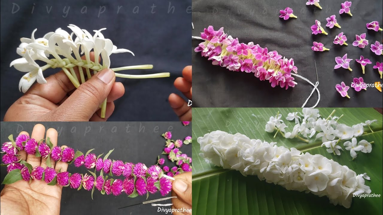 4 different methods of flower garland ideas/string flowers closely without Thread/diy Gajra/pooveni 