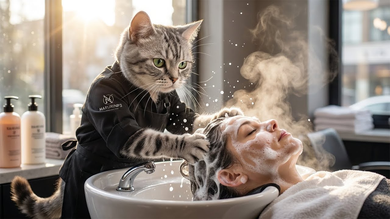 チョキチョキするぞ!! 美容室で床の掃き掃除...ねこの一日に密着🐱✂️