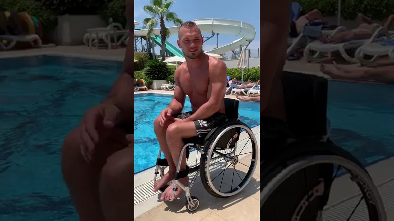 Paraplegic getting in and out the swimming pool