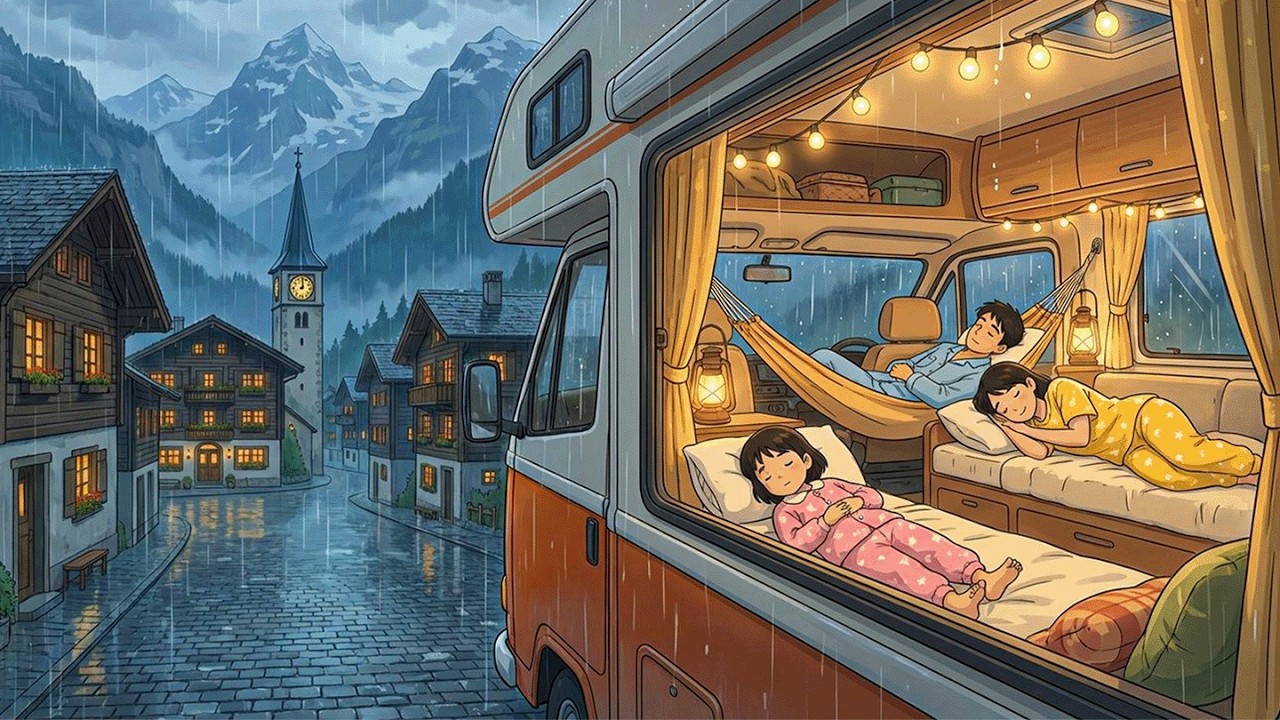 Sleeping in a Cozy Rainy Swiss Village 🌧️ Calm Night Inside | Ghibli-Style ASMR