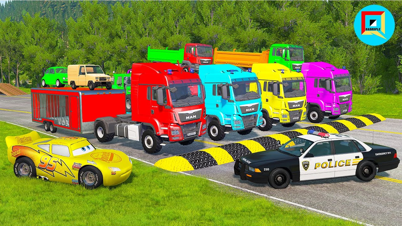 Quadruple Trucks Transporting cars with Flatbed Trailers | Cars vs Speedbump vs Train vs Pothole 26