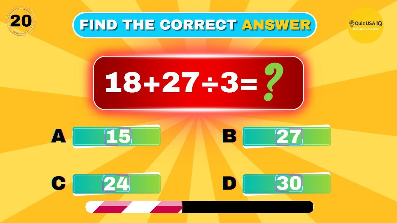 Can You Solve These 20 Math Questions? | Fast Math Quiz (ABCD)