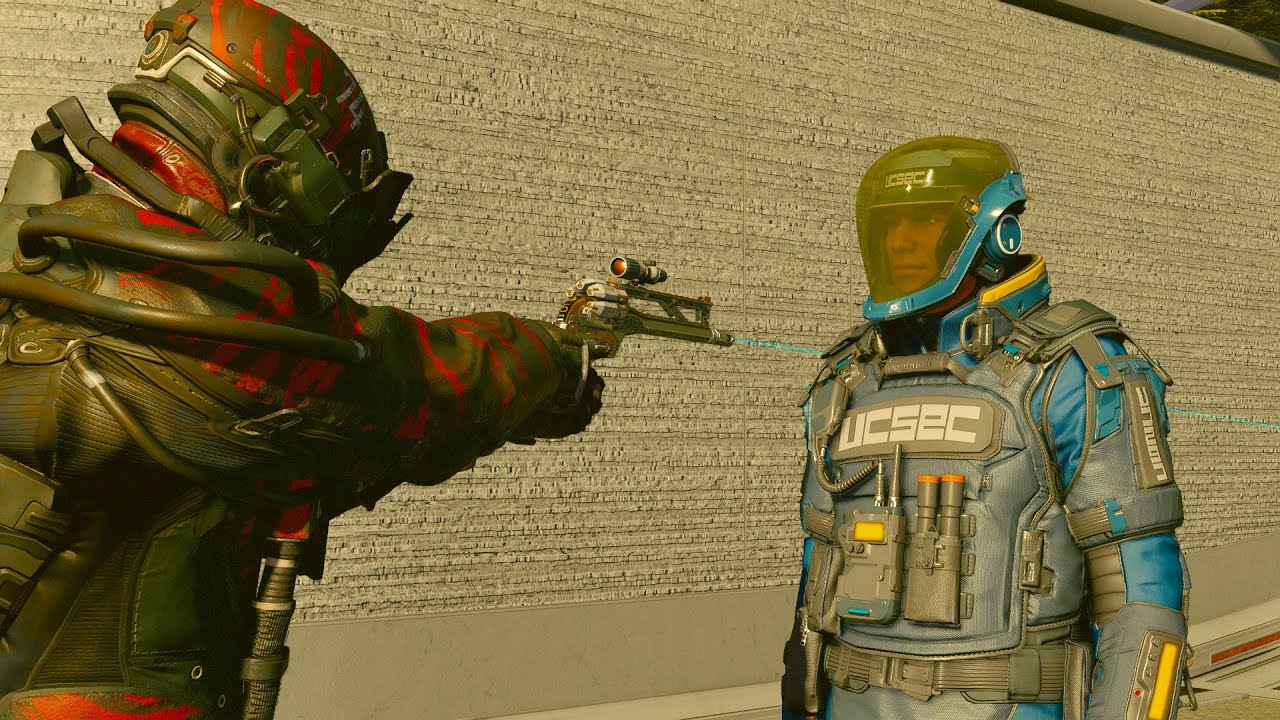 Guard's reaction on Ranger's gun. Starfield