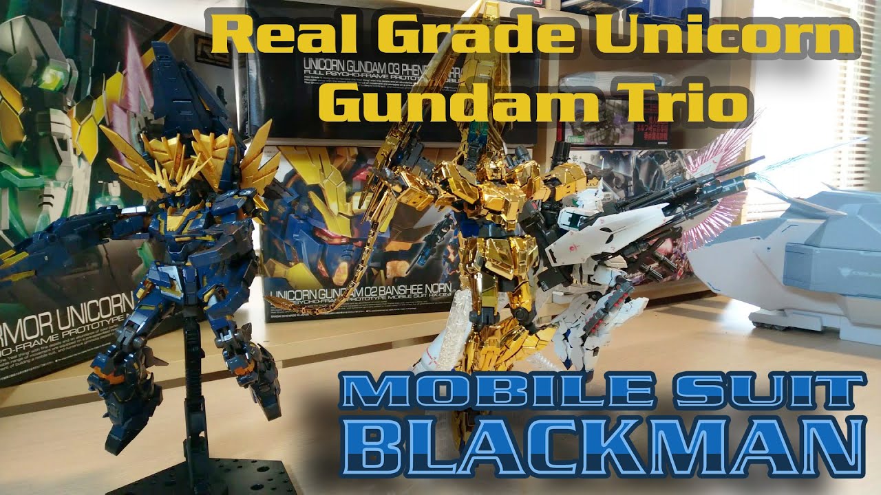 RG Phenex, RG Banshee + Armed Armor Expansion, and RG Full Armor Unicorn Gundam