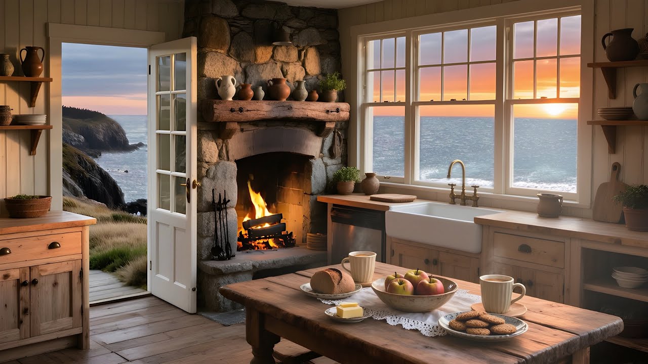 Cottage by the Sea | Cozy Fireplace & Ocean Sounds | Sunset Coastal Kitchen