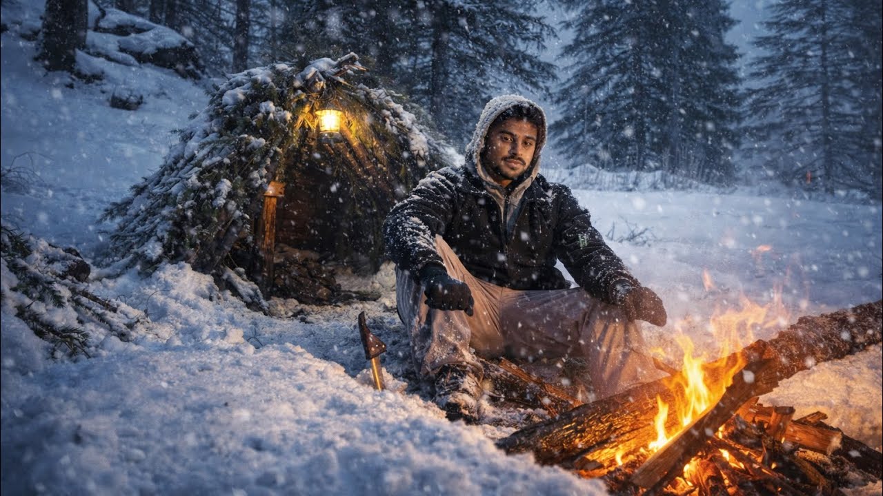 -4°C, 🥶❄️Winter Snow Night Survival Camping in Cozy shelter  || ASMR Camping || Himachal Pradesh 
