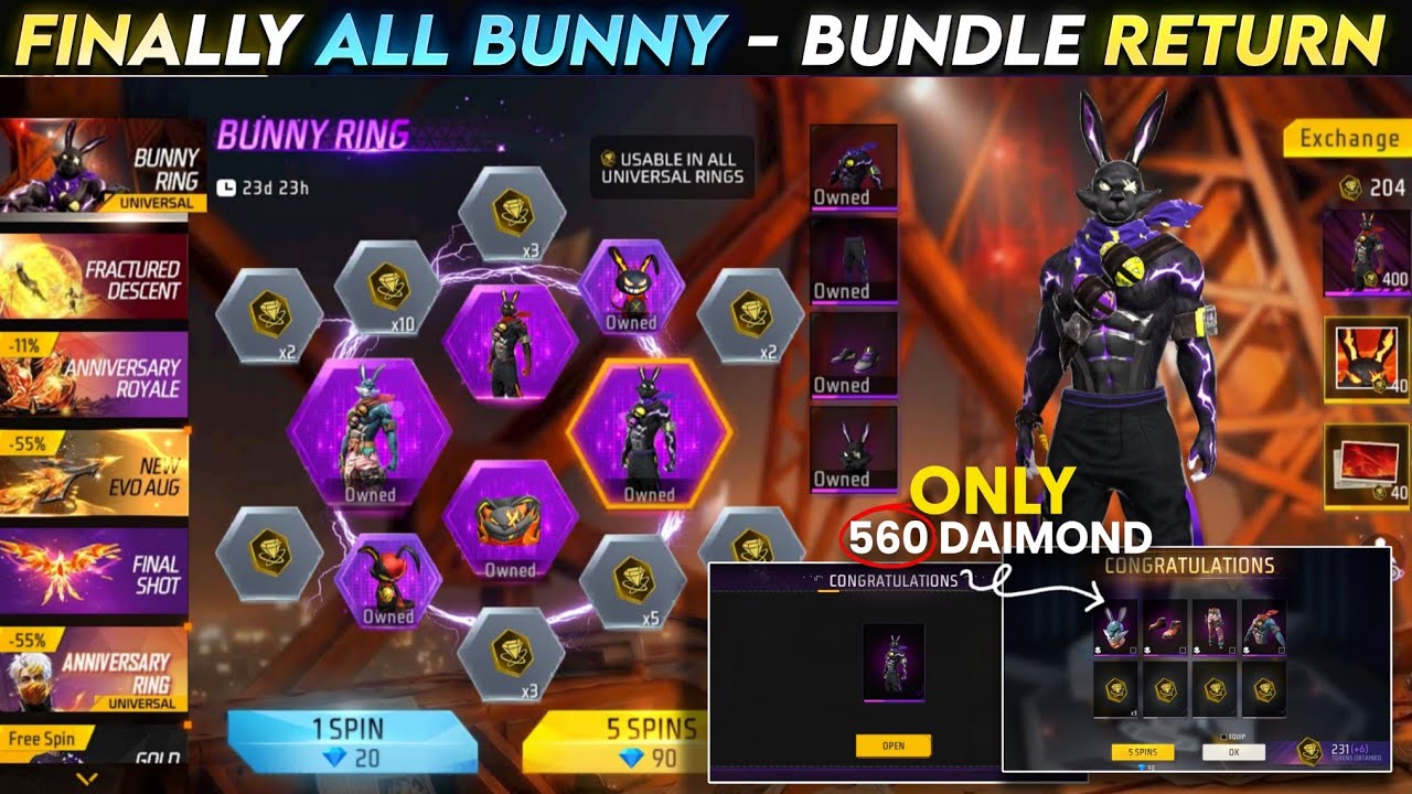ALL BUNNY BUNDLE RETURN FREE FIRE 🤯, NEW RING EVENT SPIN TRICK FF, FF NEW EVENT, FREE FIRE NEW EVENT