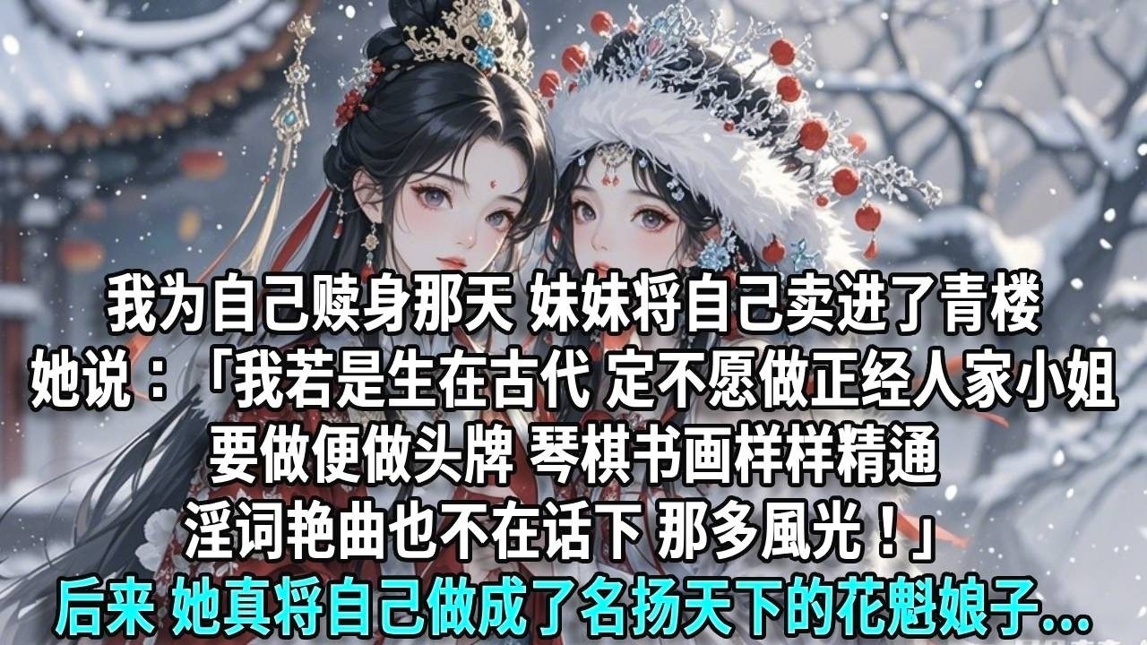 我為自己贖身那天，我的妹妹將自己賣進了青樓。她說：「我若是生在古代，定不願做正經人家的小姐，要做便做頭牌，琴棋書畫樣樣精通，淫詞艷曲也不在話下。」後來，她真將自己做成了名揚天下的花魁娘子。