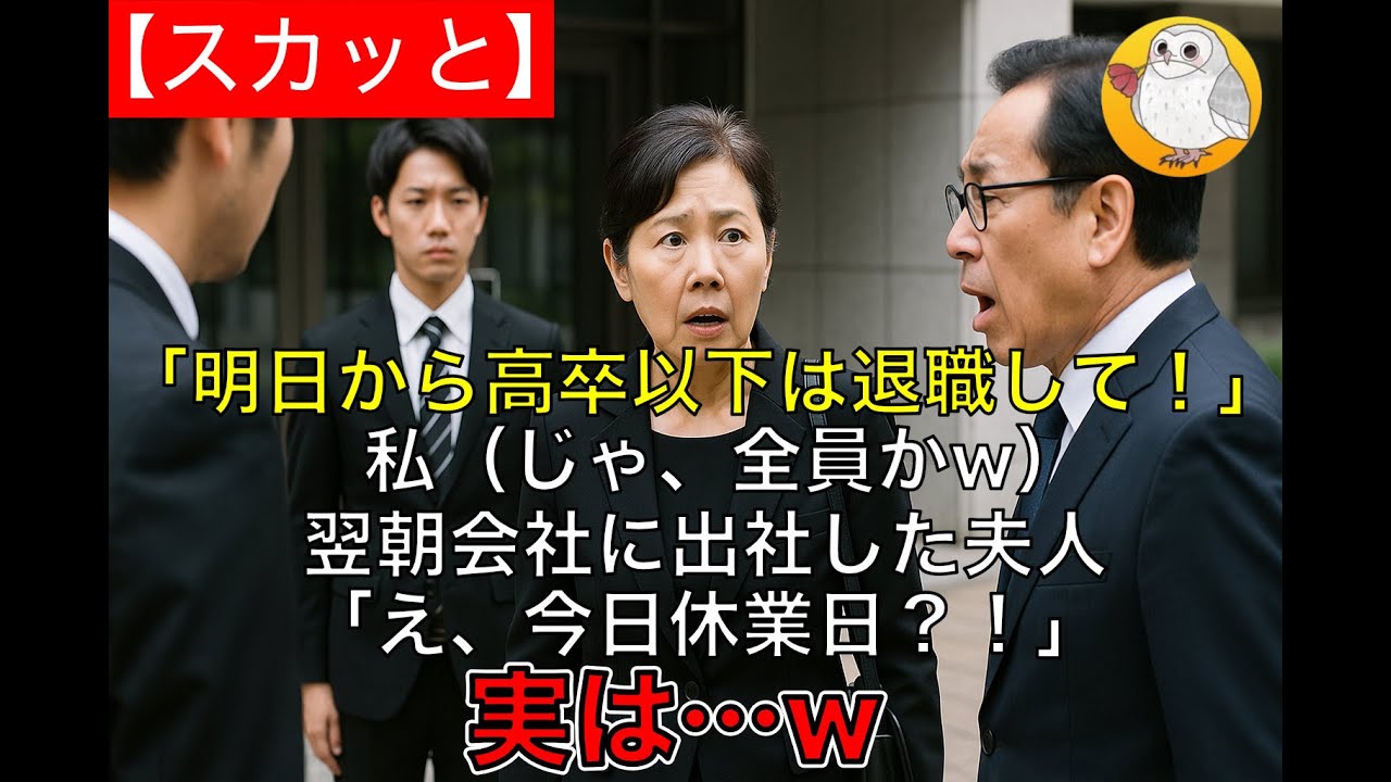 【スカッと】急逝した社長の葬式で中卒の私に社長夫人「明日から高卒以下は退職して！」私（じゃ、全員かw）翌朝会社に出社した夫人「え、今日休業日？！」実は…w